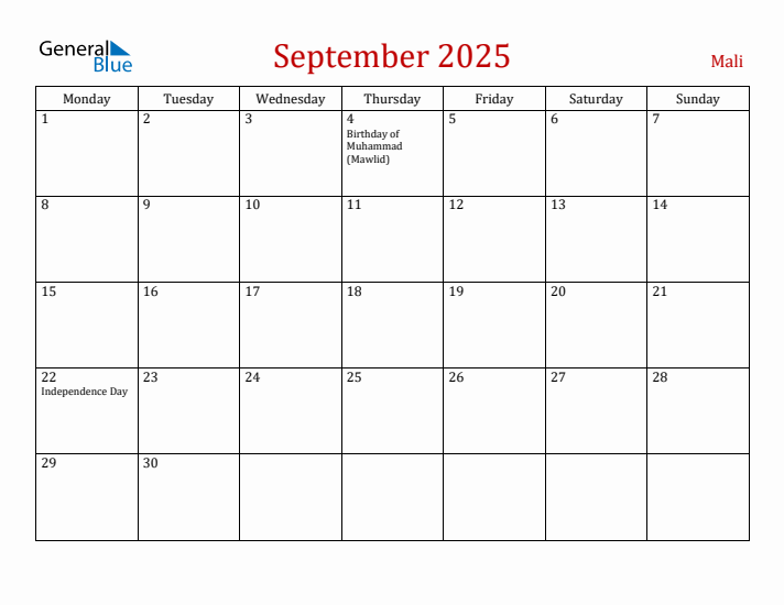 Mali September 2025 Calendar - Monday Start