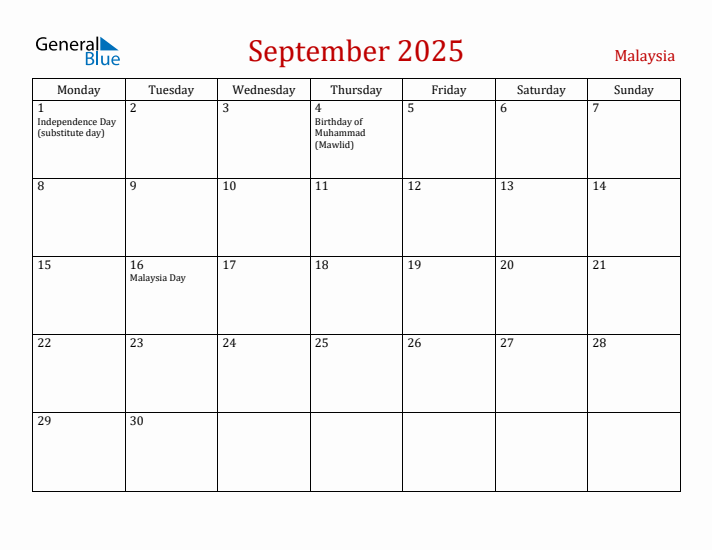Malaysia September 2025 Calendar - Monday Start