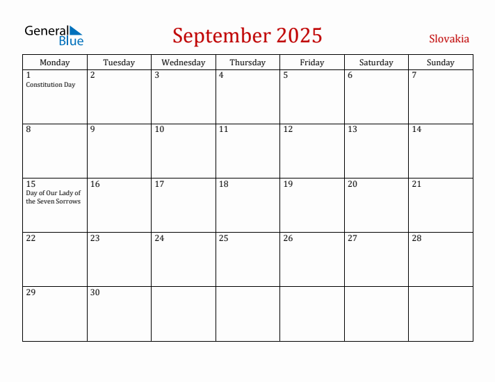 Slovakia September 2025 Calendar - Monday Start