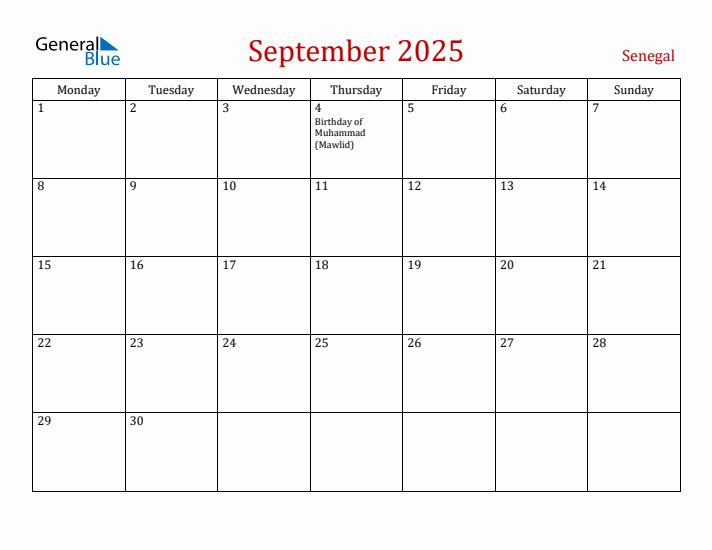 Senegal September 2025 Calendar - Monday Start