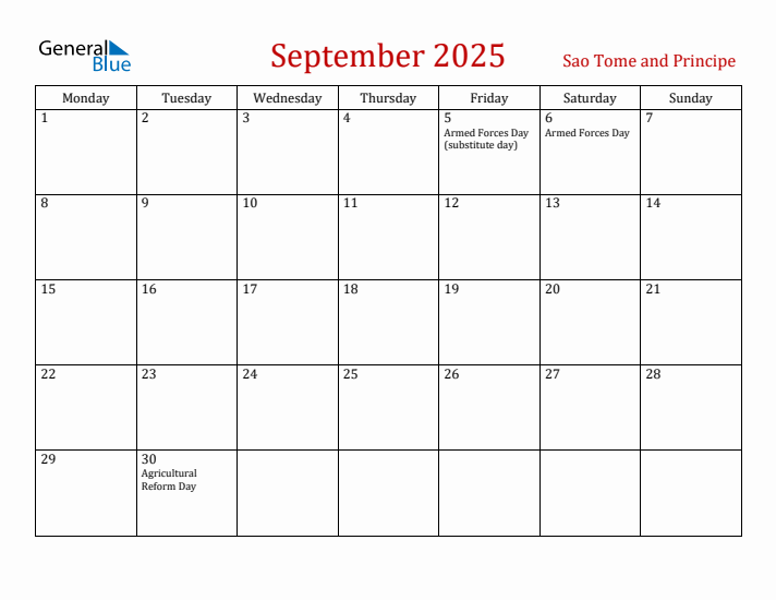 Sao Tome and Principe September 2025 Calendar - Monday Start