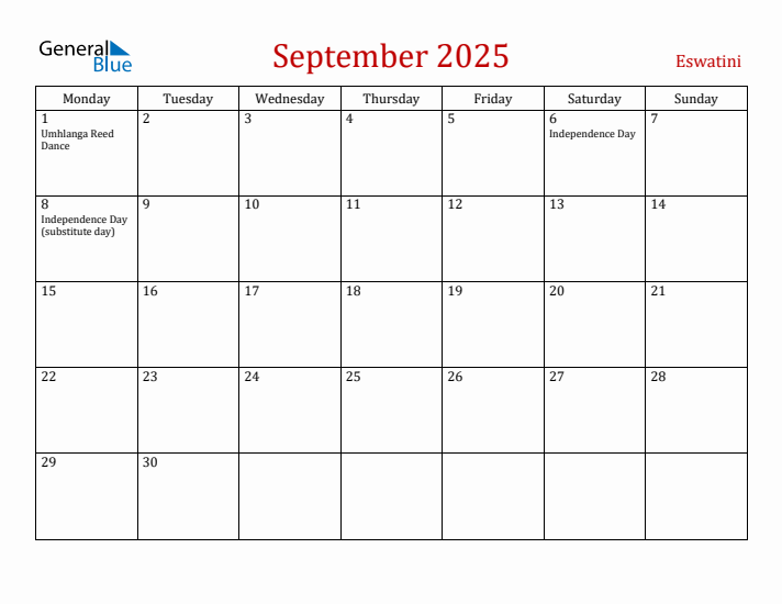 Eswatini September 2025 Calendar - Monday Start