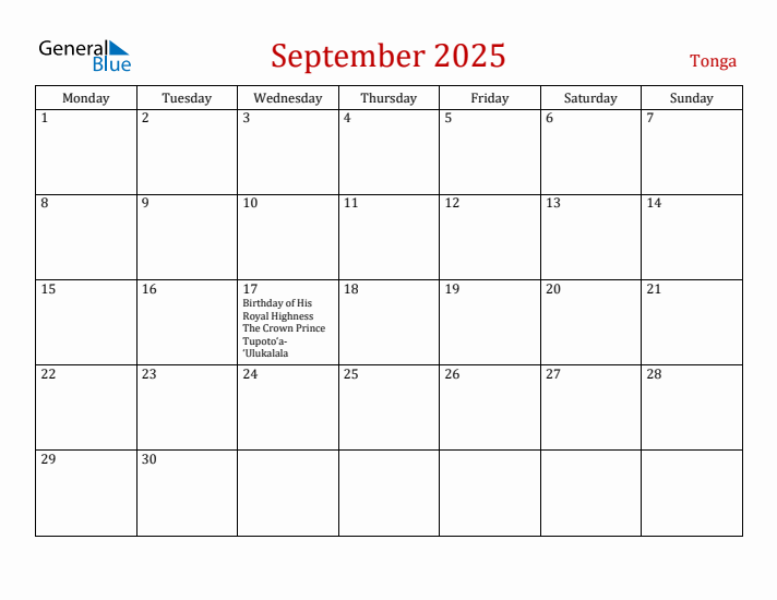 Tonga September 2025 Calendar - Monday Start
