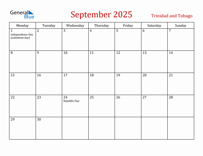 Trinidad and Tobago September 2025 Calendar - Monday Start