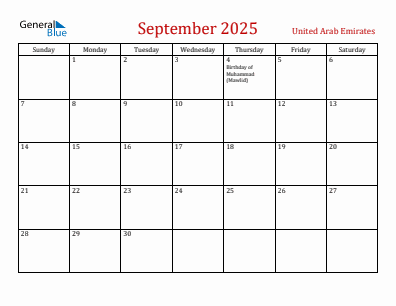 Current month calendar with United Arab Emirates holidays for September 2025