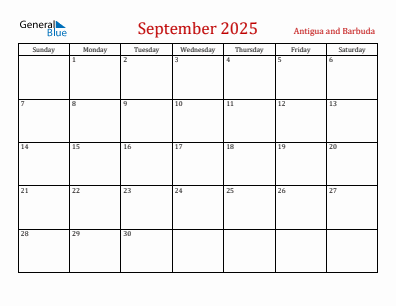 Current month calendar with Antigua and Barbuda holidays for September 2025