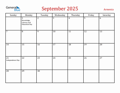 Current month calendar with Armenia holidays for September 2025