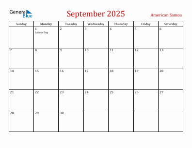 Current month calendar with American Samoa holidays for September 2025