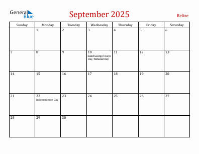 Current month calendar with Belize holidays for September 2025