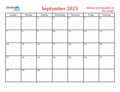 Current month calendar with Democratic Republic of the Congo holidays for September 2025