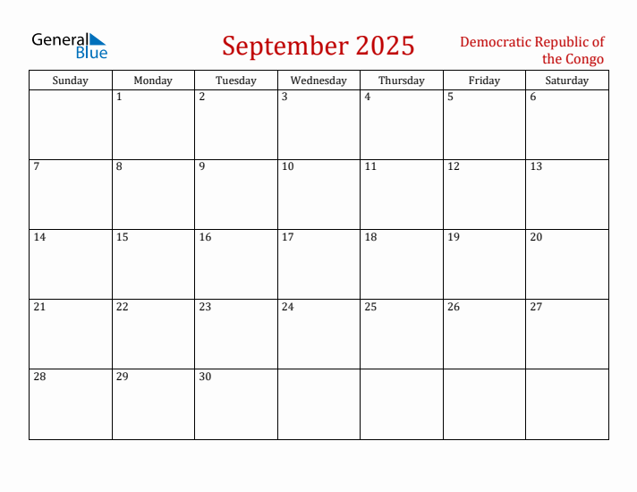 Democratic Republic of the Congo September 2025 Calendar - Sunday Start