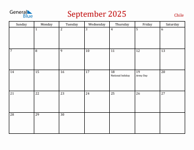Current month calendar with Chile holidays for September 2025