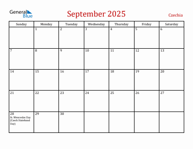 Current month calendar with Czechia holidays for September 2025