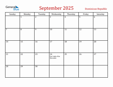 Current month calendar with Dominican Republic holidays for September 2025