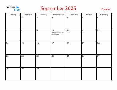 Current month calendar with Ecuador holidays for September 2025