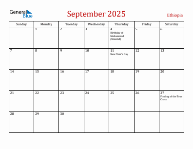 Current month calendar with Ethiopia holidays for September 2025
