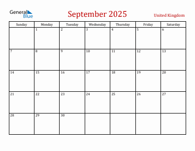 Current month calendar with United Kingdom holidays for September 2025