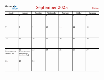 Current month calendar with Ghana holidays for September 2025