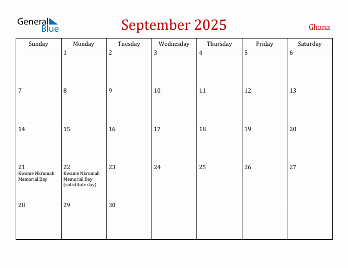 Ghana September 2025 Calendar - Sunday Start