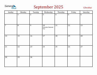 Current month calendar with Gibraltar holidays for September 2025