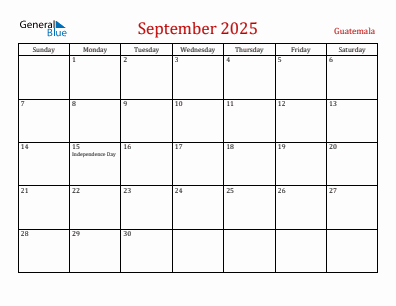 Current month calendar with Guatemala holidays for September 2025