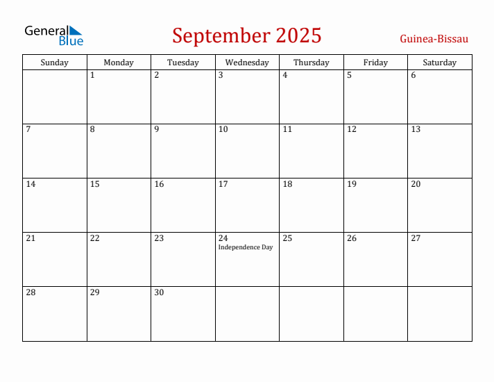Guinea-Bissau September 2025 Calendar - Sunday Start