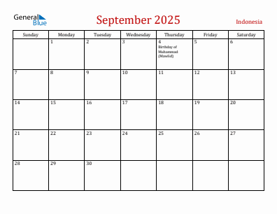 Current month calendar with Indonesia holidays for September 2025