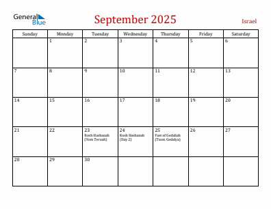 Current month calendar with Israel holidays for September 2025