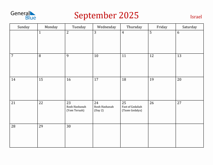 Israel September 2025 Calendar - Sunday Start