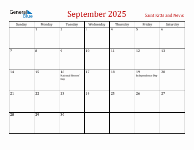 Current month calendar with Saint Kitts and Nevis holidays for September 2025
