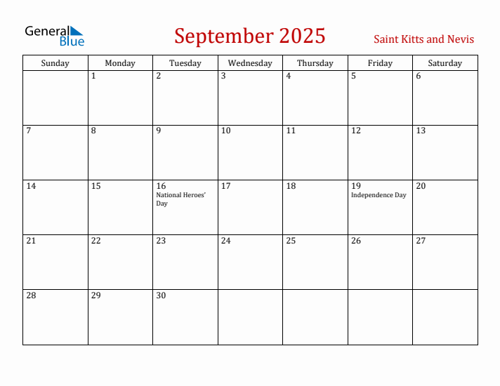 Saint Kitts and Nevis September 2025 Calendar - Sunday Start