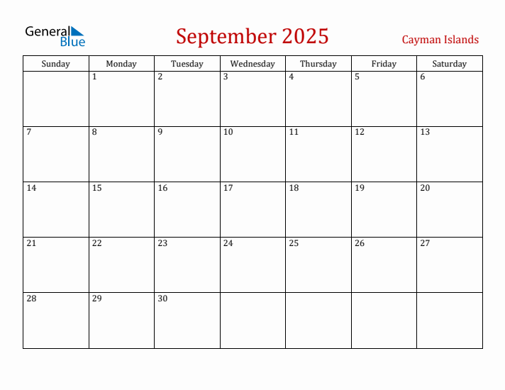 Cayman Islands September 2025 Calendar - Sunday Start