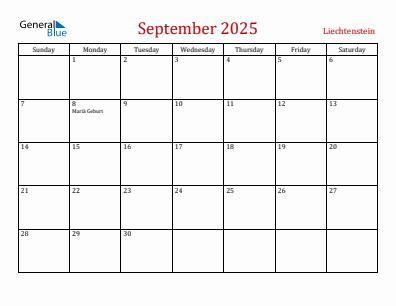 Current month calendar with Liechtenstein holidays for September 2025