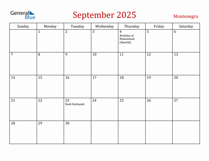 Montenegro September 2025 Calendar - Sunday Start