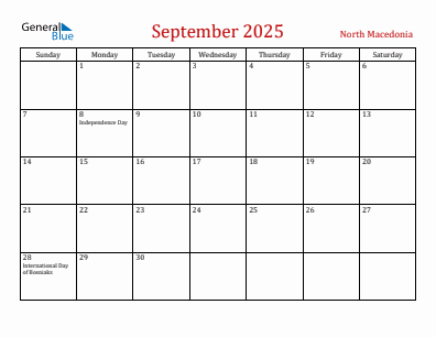 Current month calendar with North Macedonia holidays for September 2025