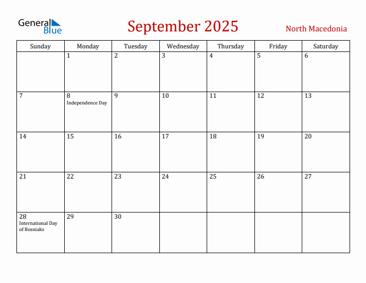 North Macedonia September 2025 Calendar - Sunday Start