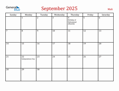 Current month calendar with Mali holidays for September 2025