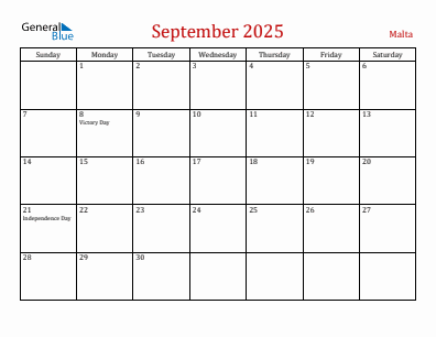 Current month calendar with Malta holidays for September 2025