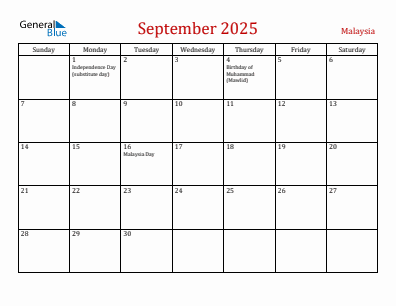 Current month calendar with Malaysia holidays for September 2025