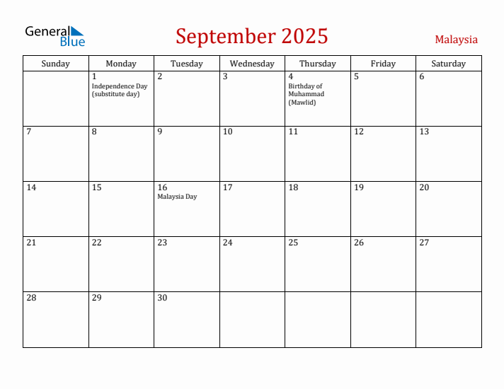 Malaysia September 2025 Calendar - Sunday Start