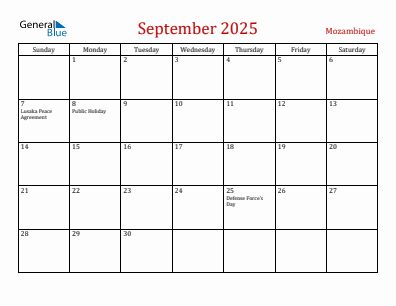 Current month calendar with Mozambique holidays for September 2025