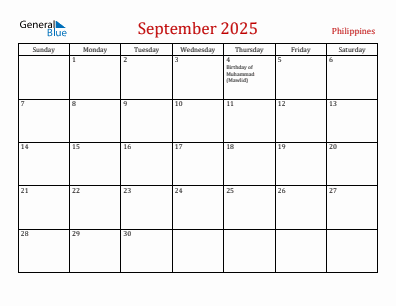 Current month calendar with Philippines holidays for September 2025