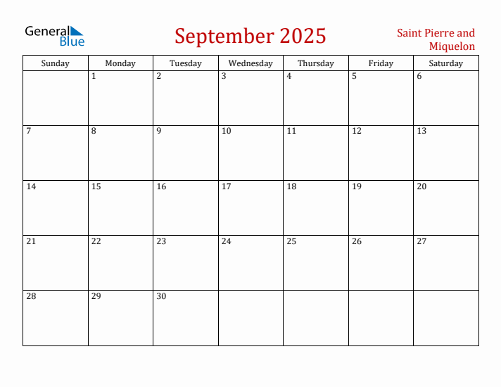 Saint Pierre and Miquelon September 2025 Calendar - Sunday Start