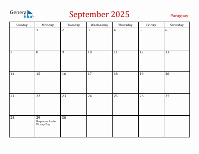 Current month calendar with Paraguay holidays for September 2025