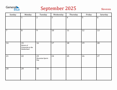 Current month calendar with Slovenia holidays for September 2025