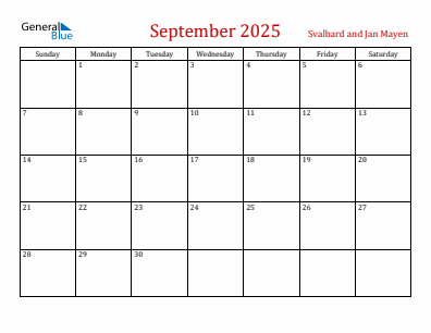 Current month calendar with Svalbard and Jan Mayen holidays for September 2025