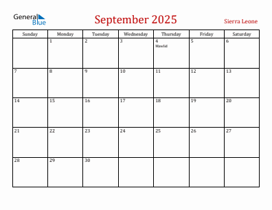 Current month calendar with Sierra Leone holidays for September 2025