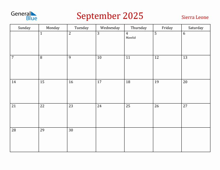 Sierra Leone September 2025 Calendar - Sunday Start