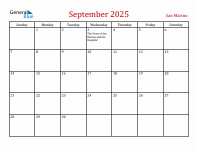 Current month calendar with San Marino holidays for September 2025