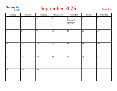 Current month calendar with Somalia holidays for September 2025